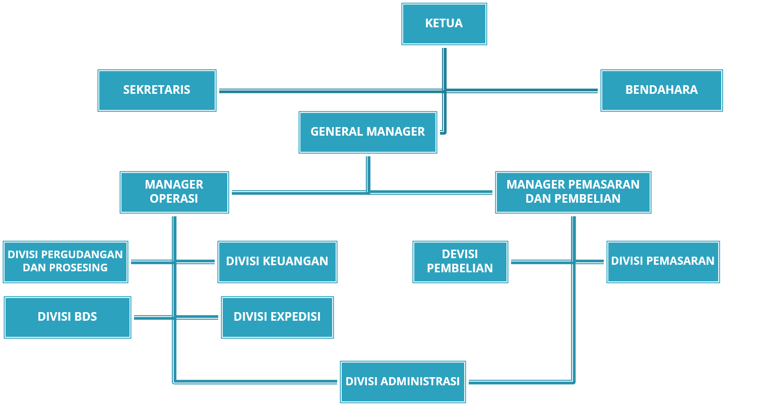 Kospermindo organisation structure: Chairman, Secretary, Treasurer, General Manager, operations and marketing managers, and divisions