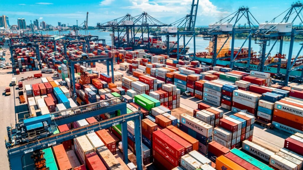 Shipping containers stacked at a port