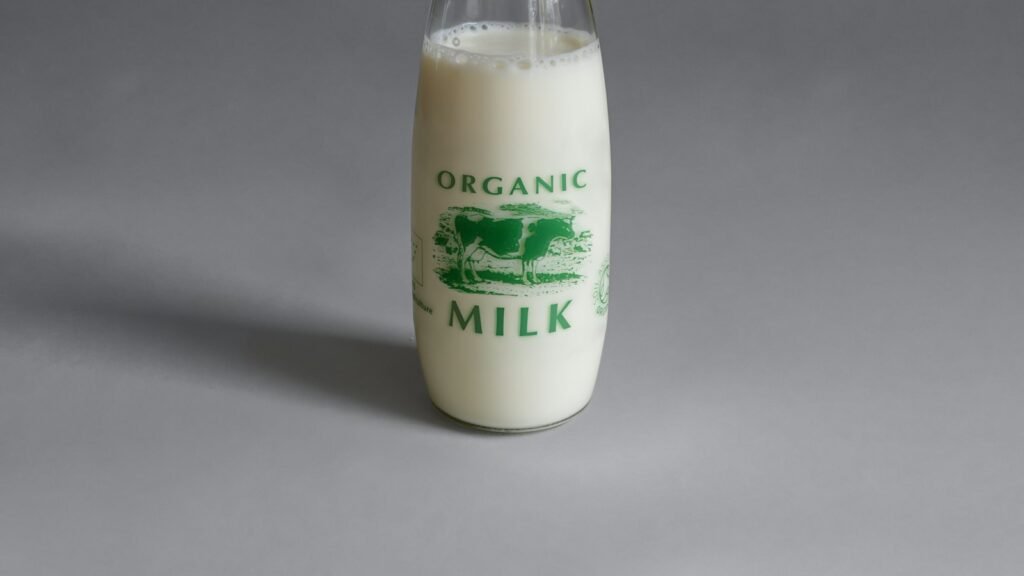 A bottle of milk on a table
